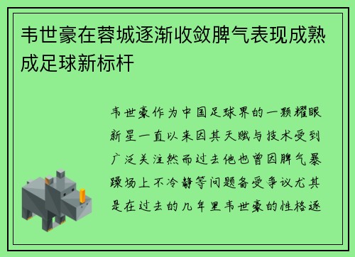 韦世豪在蓉城逐渐收敛脾气表现成熟成足球新标杆 韦世豪在蓉城逐渐收敛脾气表现成熟成足球新标杆